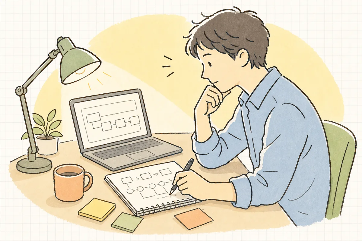 外部サービスからの応答が返ってこない画面を前に、待ち時間の設計をノートに書き出して考え直している開発者