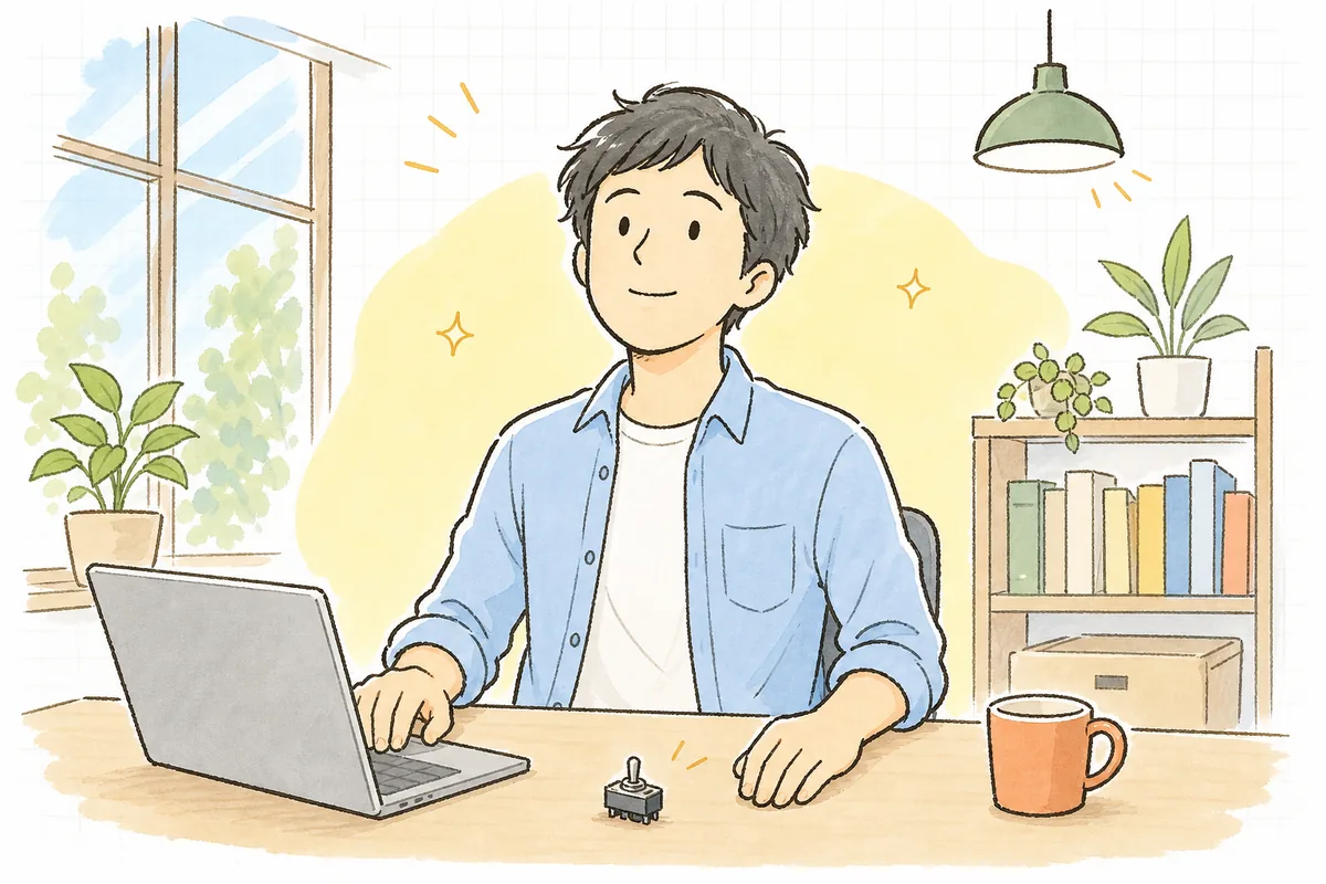 AI機能を無事に出し終えて、落ち着いた表情で画面から顔を上げている開発者