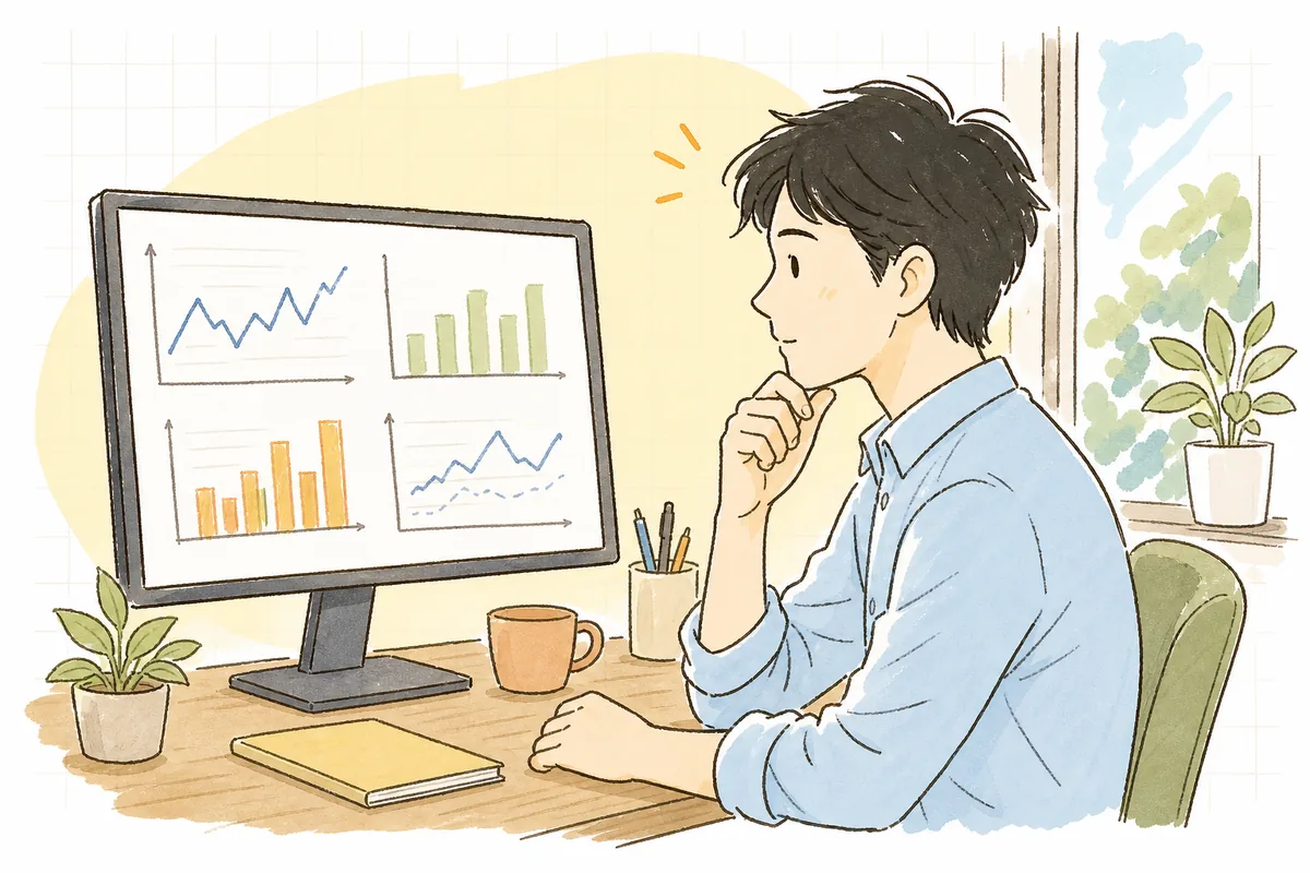 リリース済みのAI機能のダッシュボードらしき画面を前に、「これ、効いているのか測れているだろうか」と落ち着いて考えている開発者