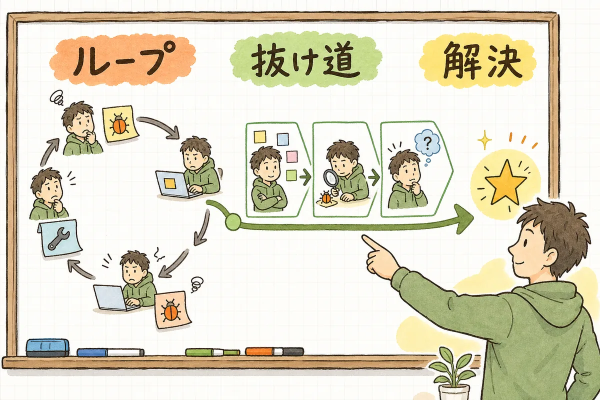 エラーを貼ると修正案が返り、試すとまた別のエラーが出て貼り直す往復が輪になって回り続ける「ループ」と、一度外に出て状態を整理し最小再現で問い直す「抜け道」を対比した概念図