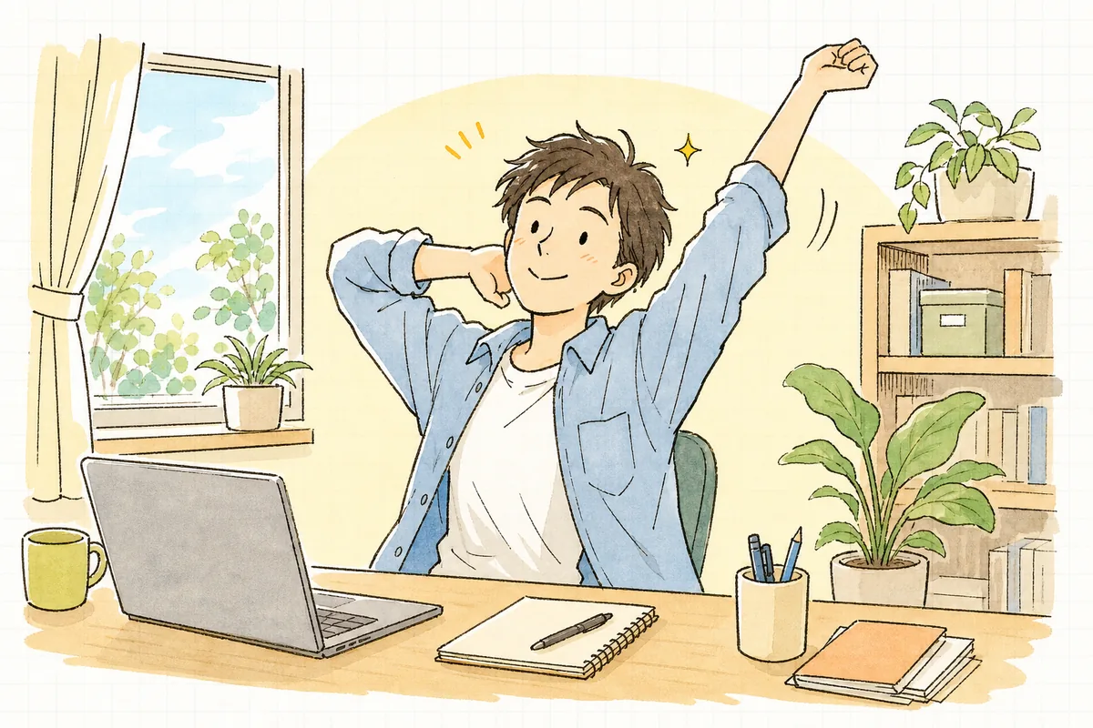 長引いた修正ループから抜けて原因を掴み、肩の力が抜けた表情で伸びをしながら次の作業へ落ち着いて向かおうとしている開発者