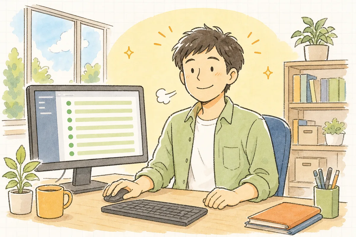 Flakyテストの原因を突き止めてCIが安定して緑になり、肩の力が抜けて穏やかに次の作業へ向かう開発者