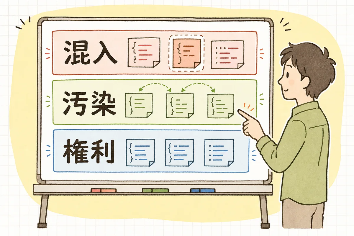 AI生成コードのリスクを、学習データ由来の混入・コピーレフトの汚染・成果物の権利の所在という3つの層で整理した概念図