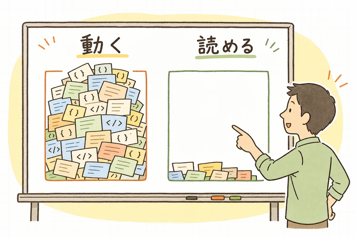 動くことと読めることは別の性質であり、AIのコードは動く側に寄りやすいことを示した概念図
