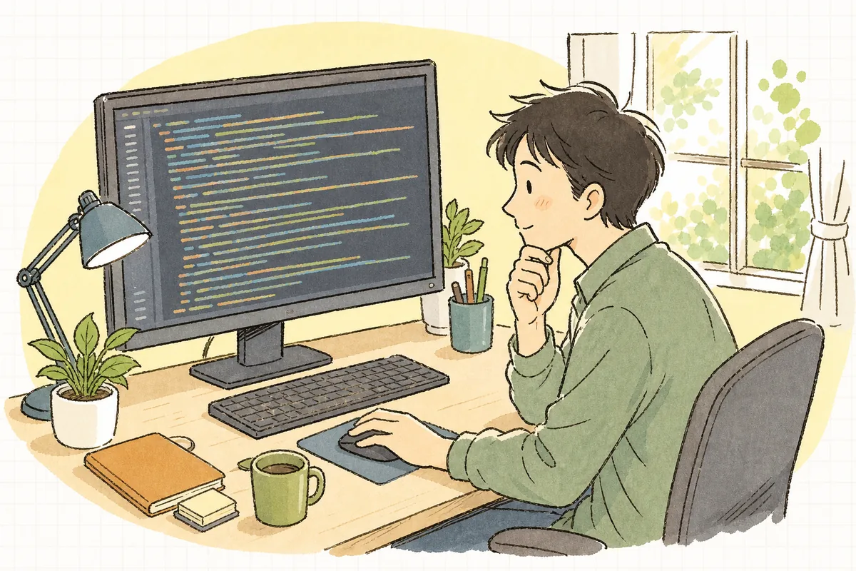 AIが書いた動くけれど読みにくいコードを、いきなり全部書き直さず、必要な所だけ落ち着いて手直ししている開発者