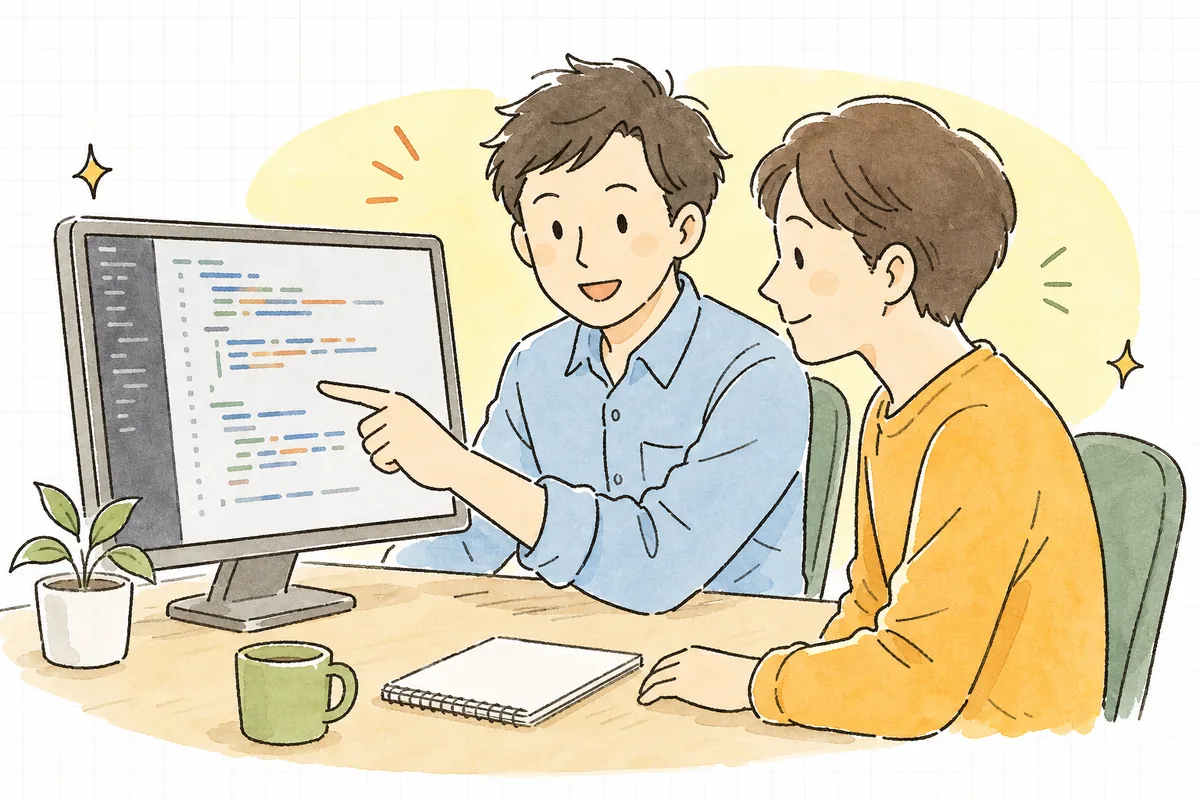 APIキーのべた書きと認可チェック漏れという2つの見落としを、コードを指さしながら確認している開発者の場面図