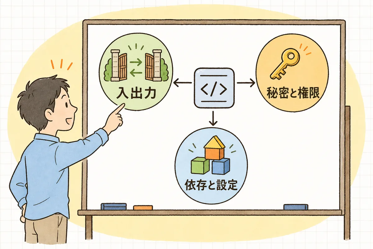 AI生成コードでセキュリティの穴が空きやすい「入力と出力の境界」「秘密と権限」「依存とデフォルト」の3カ所を示した概念図