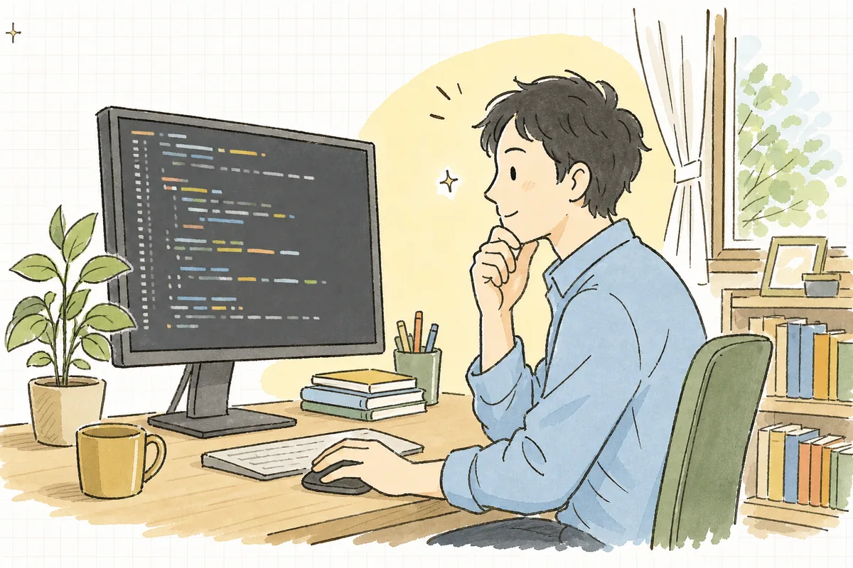 AIが生成したコードを画面に開き、動くことは確認できたうえで「これ、セキュリティは大丈夫だろうか」ともう一段落ち着いて見直している開発者