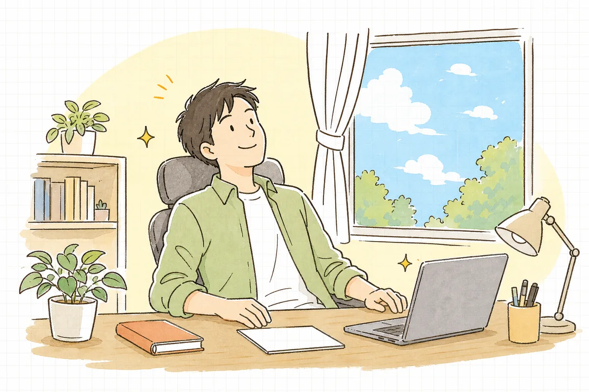セキュリティの確認を終えて「これで安心して本番に出せる」と納得し、前を向いて一息つく開発者