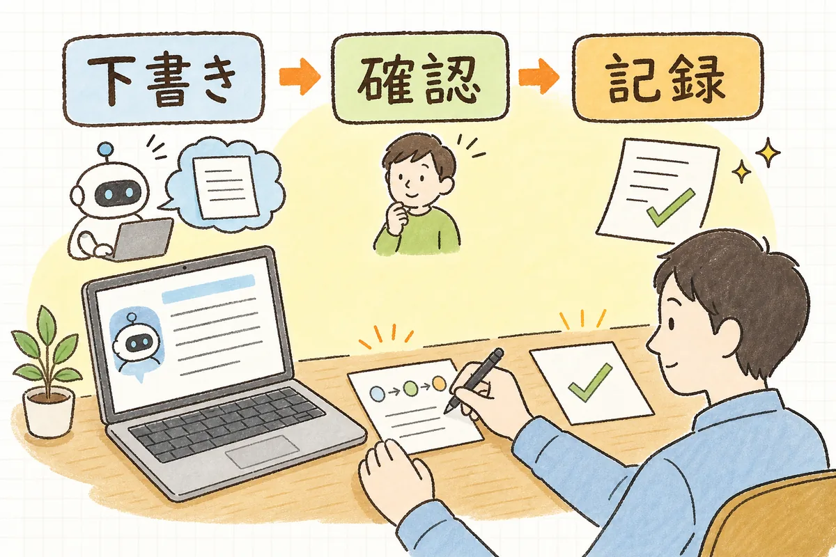 AIが下書きし人が確認・修正した経緯を、簡単なメモとして残しておくことで、後から説明できる状態を作る様子の概念図