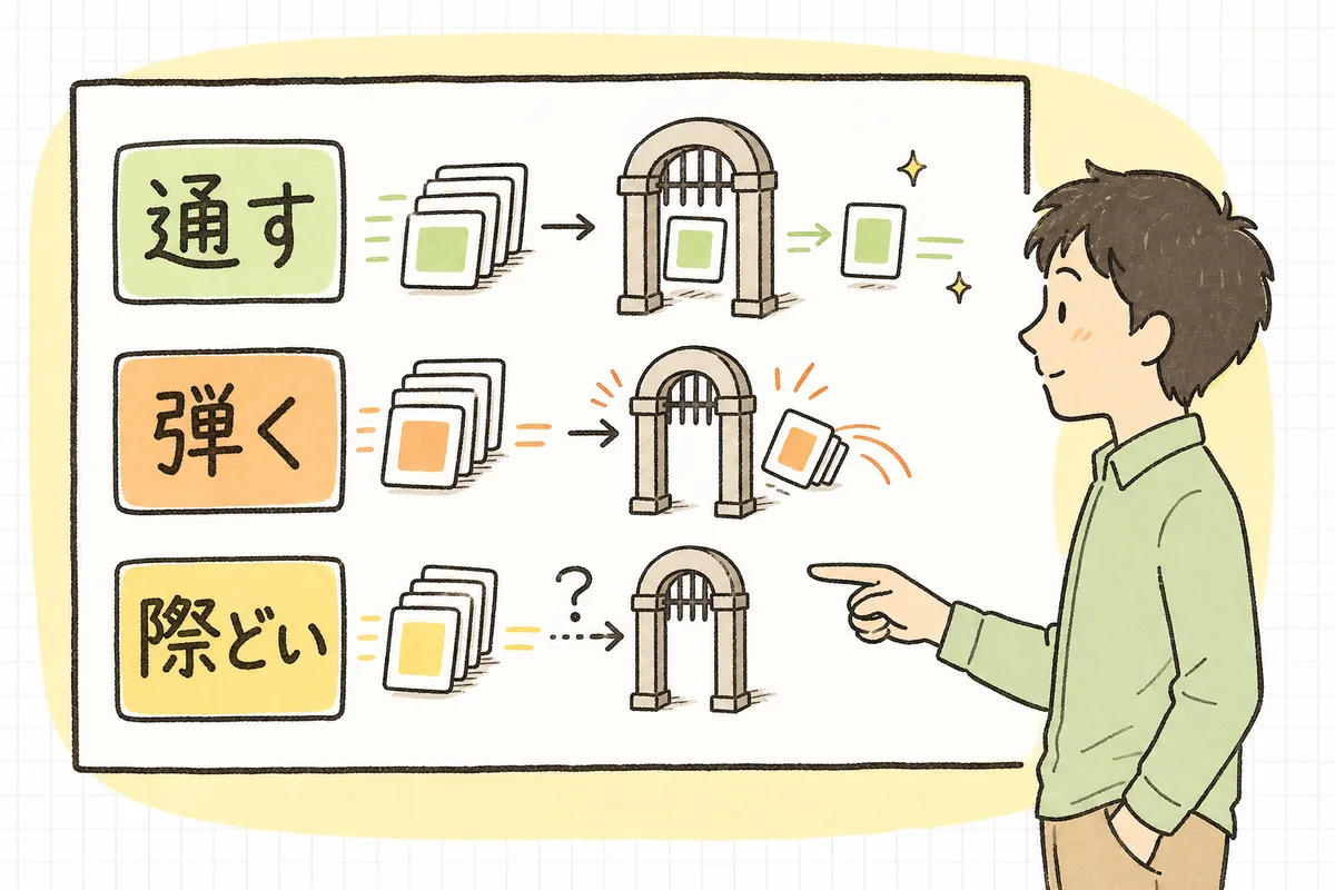 AIが返した一つの正規表現に対して、通すべき入力・弾くべき入力・際どい入力の3種類のテスト文字列を当てて、それぞれ期待どおりかを確かめる様子を示した概念図