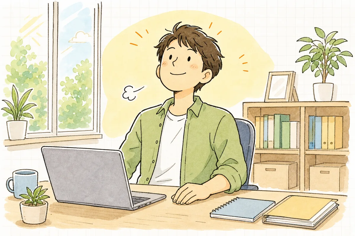 コンフリクトを解消し終えて両側の差分を確認し、安心した表情で顔を上げている開発者
