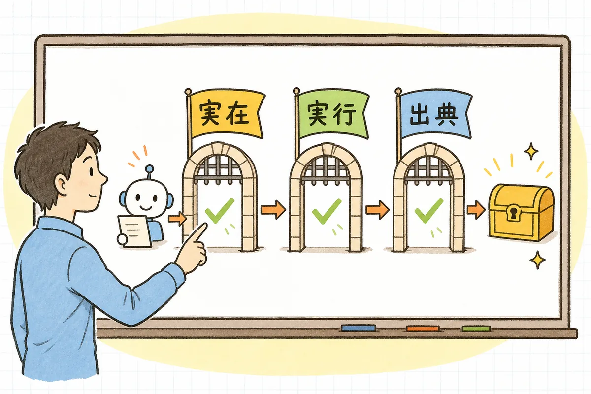 AIの回答を受け取ってから、実在確認・実行確認・出典確認の3つの関所を通して裏を取る流れを示した手順図