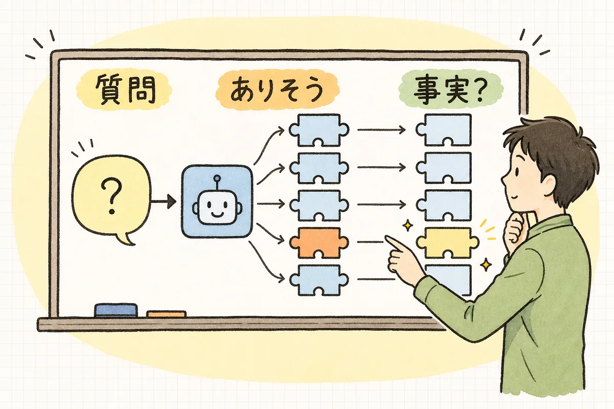 AIが事実を検索しているのではなく、確率的に「ありそうな続き」を組み立てていることを示した概念図