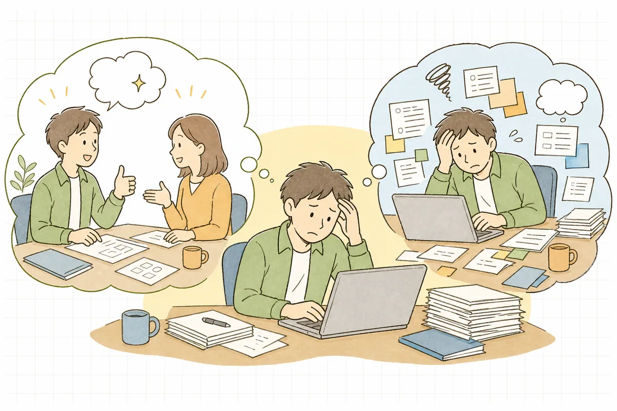安易な人員削減の約束が、後で品質トラブルとやり直しの工数として跳ね返ってくる様子を示した図