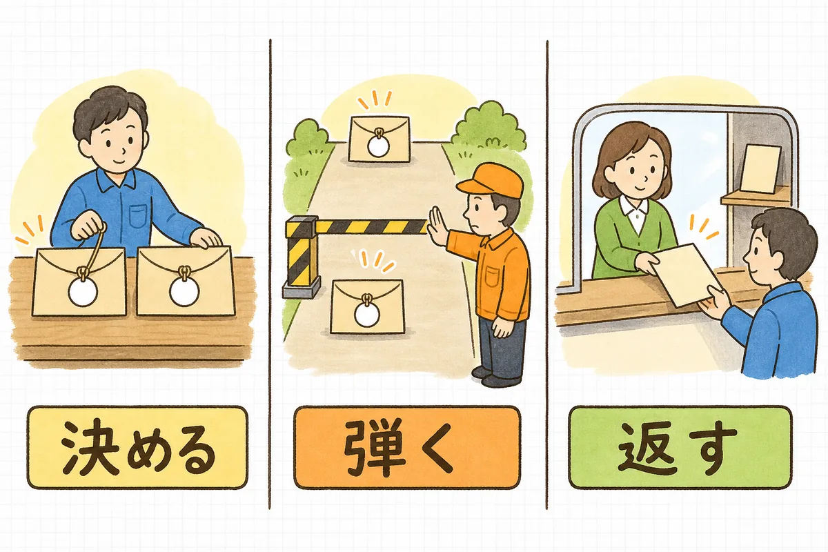 2通の封筒に同じ印の札を付ける場面、ゲートで2通目が止められる場面、窓口で1通目と同じ書類を手渡す場面を並べた図