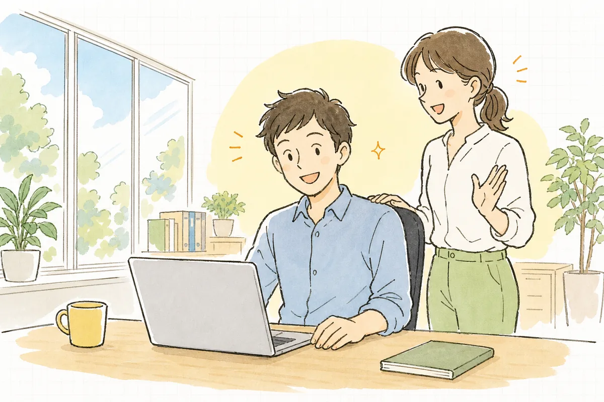 朝のオフィスで、落ち着いた表情で画面を確認し、同僚と短く言葉を交わしている開発者