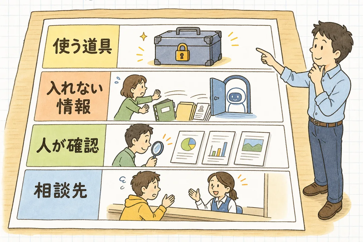 AI利用ガイドラインのA4一枚に、使う道具・入れない情報・人が確認・相談先の4つの欄が上から順に並んでいる構成図