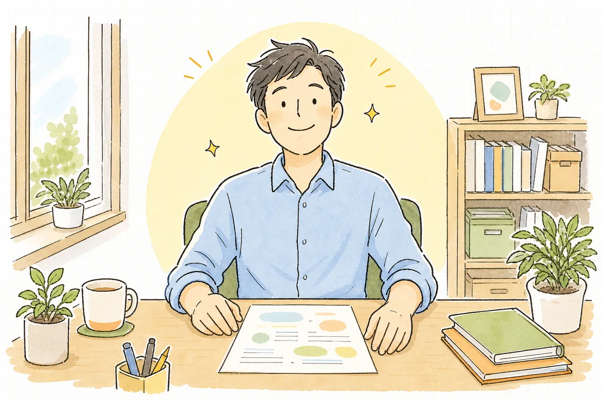 AI利用のガイドラインを1枚にまとめ終えて、これで安心して使えると納得した表情で顔を上げている開発リーダー