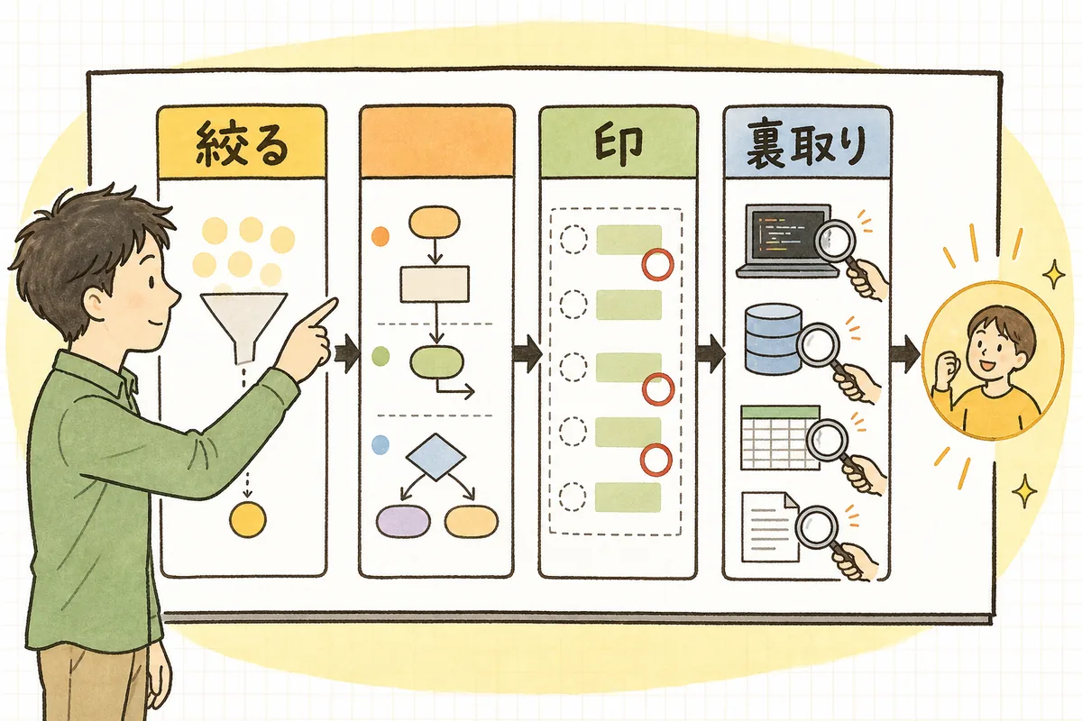 範囲を絞り、入出力と分岐を出させ、推測に印をつけ、現物で裏を取る4段の流れを示した手順図