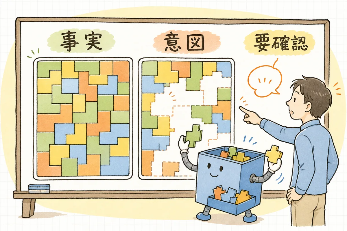 レガシーコードから読み取れる事実とドキュメントに残らない意図の差を、AIが推測で埋めることを示した対比の概念図