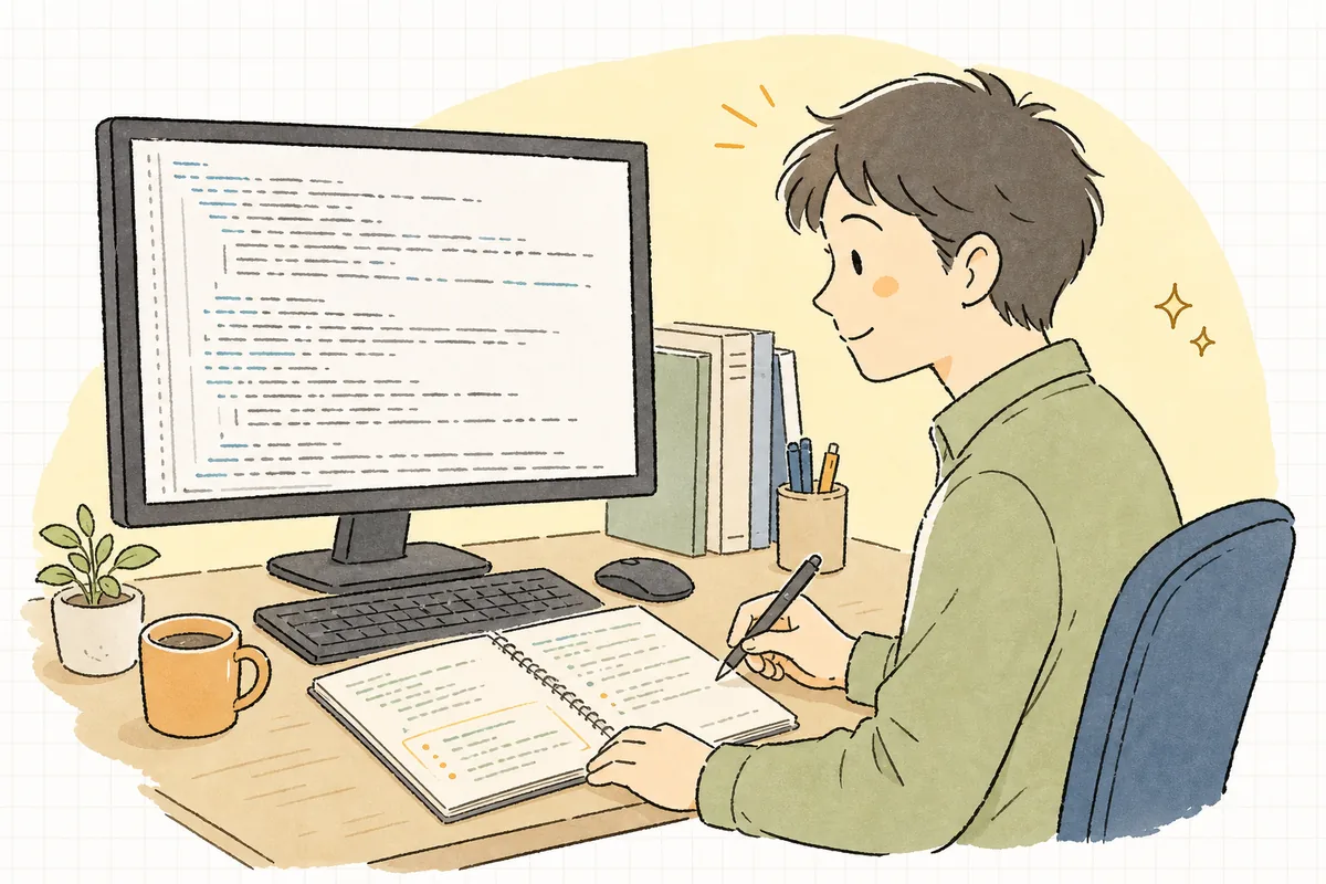ドキュメントのない古いソースコードを前に、慌てず一区画ずつ範囲を区切りながら落ち着いて仕様を読み解こうとしている開発者