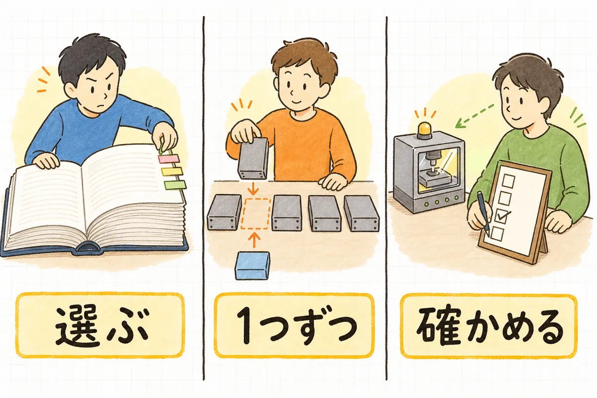 冊子に付箋を数枚だけ貼る場面、並んだ部品のうち1つだけを新しいものに交換する場面、動いた機械を見て確認表に印をつける場面を並べた図