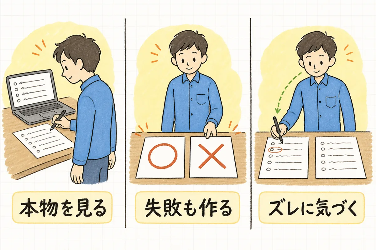 本物の応答が出た画面を見て手元に書き写す場面、成功と失敗の2枚の札を並べる場面、2枚の紙を並べて違いに印をつける場面を並べた図