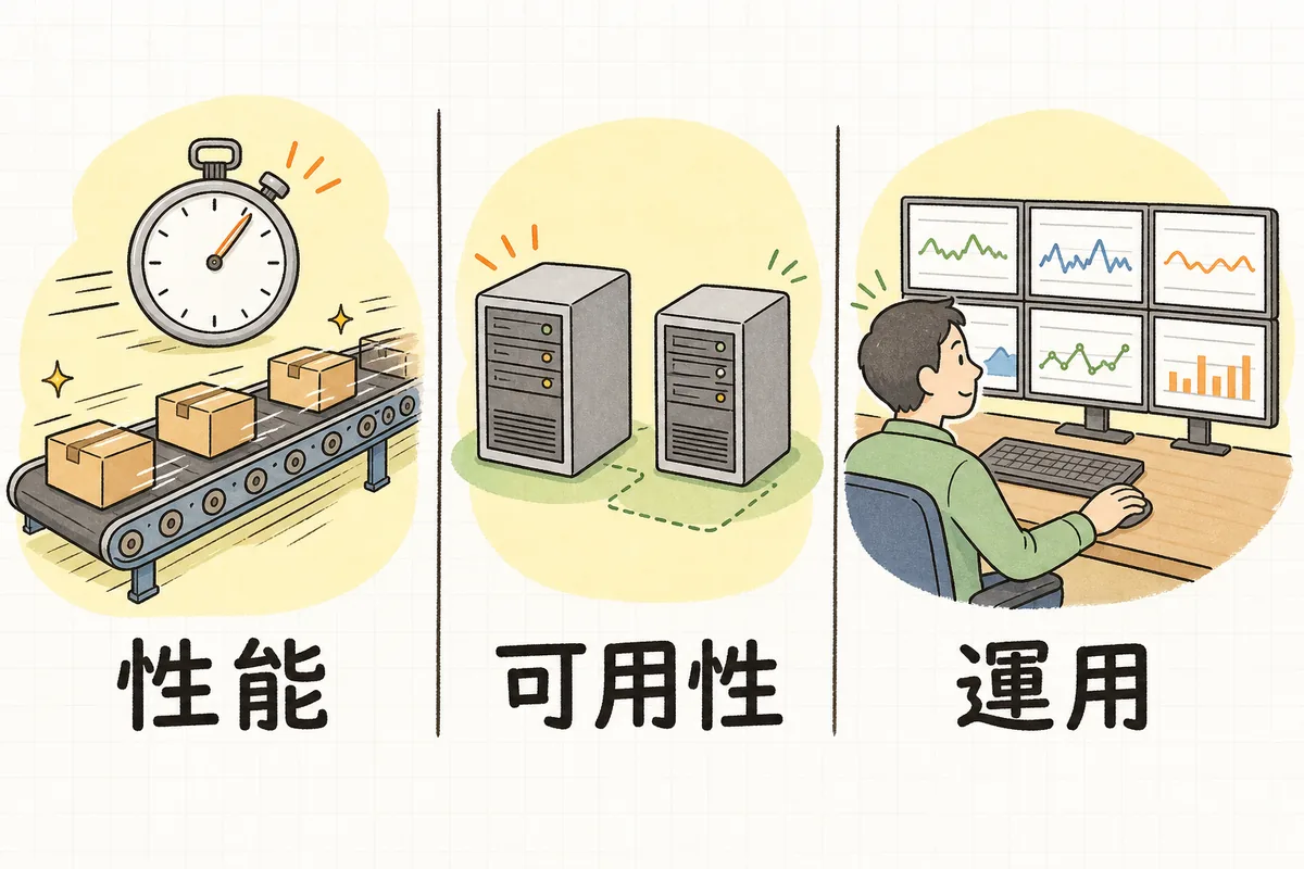 非機能要件を性能・可用性・運用の3つの観点に分けて、それぞれ何を確かめるのかを情景で示した観点マップ