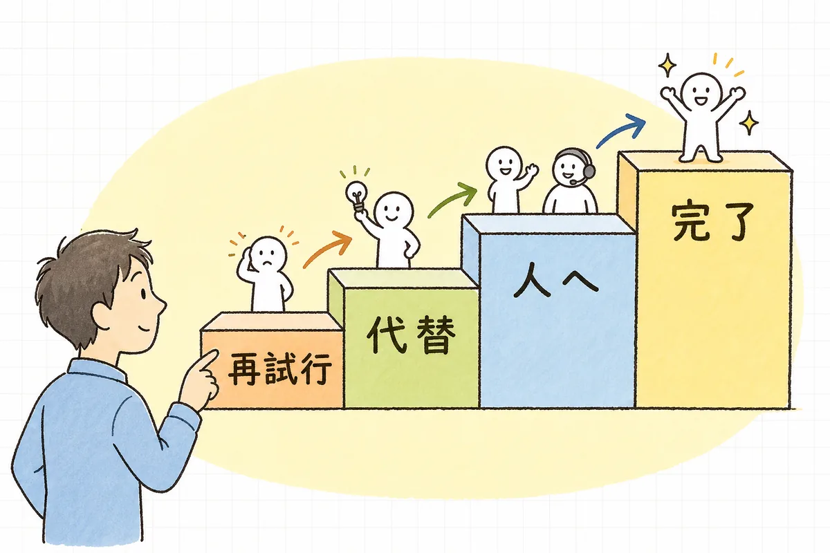 AI呼び出しの失敗を、リトライ・代替経路・人への引き継ぎへと段階的に受け止めていく多段フォールバックの階段図