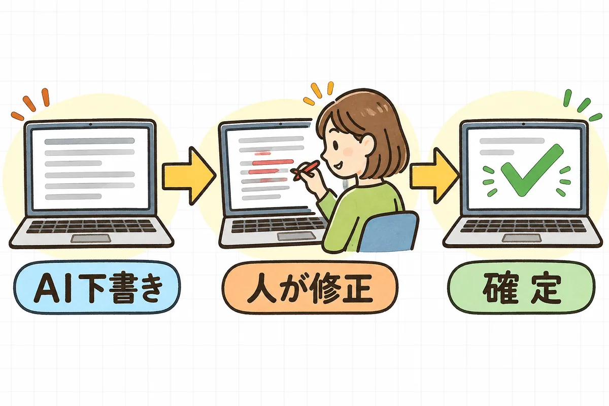 左から右へ3つの画面が矢印でつながり、AIが作った文面の画面、人が一部を書き直している画面、チェックマークがついて確定した画面へと進んでいく状態の流れの図
