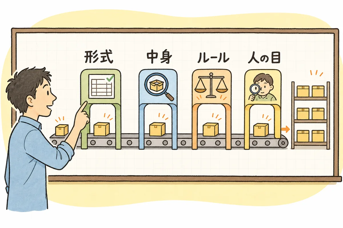 AIの出力が業務データとして保存されるまでに、形式・中身・業務ルール・人の目という4つの関門を順に通っていく流れを示した図