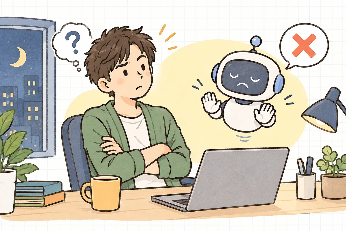 AIに依頼を断られた画面を前に、少し戸惑いながらも腕を組んで落ち着いて考え直している開発担当者