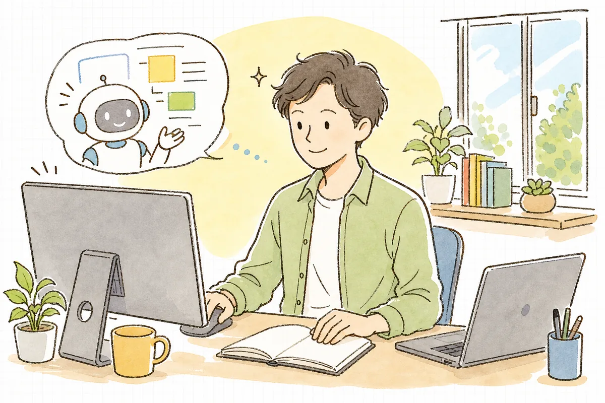 AIと自分の役割のバランスを取り戻し、落ち着いた表情で自分のペースでコードに向かう開発者