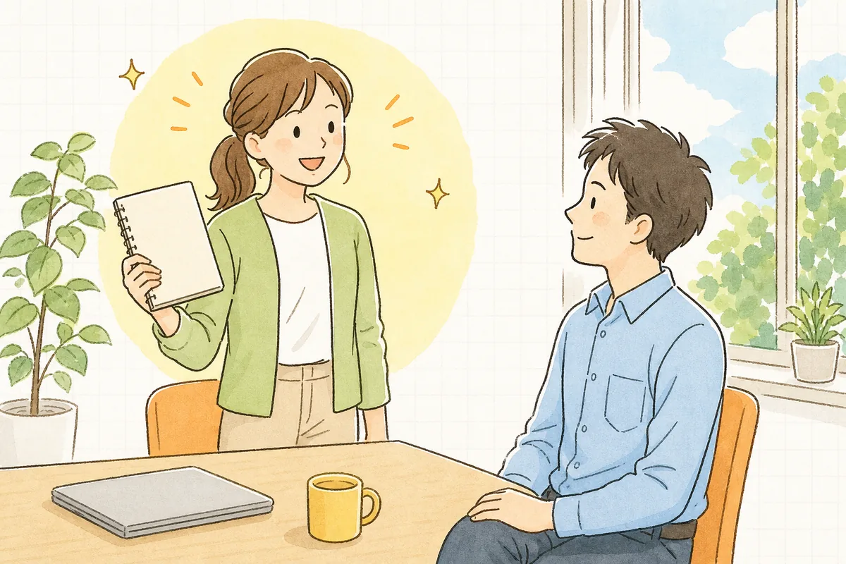 若手メンバーが自分の言葉で説明し、リーダーが穏やかにうなずいて聞いている場面