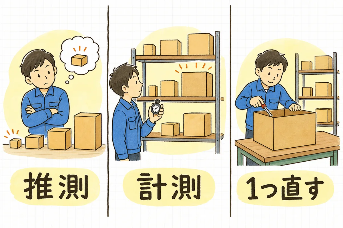 推測で見当をつける場面、ストップウォッチで計測する場面、いちばん大きいものだけを1つ直す場面を並べた図