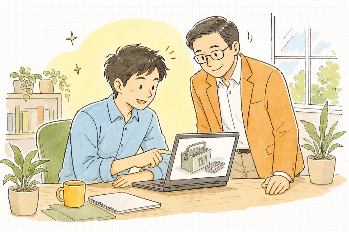 ノートPCの小さな試作画面を上司と一緒にのぞき込み、「ここまでは使えそうですね」と落ち着いて確認し合っている開発者と上司
