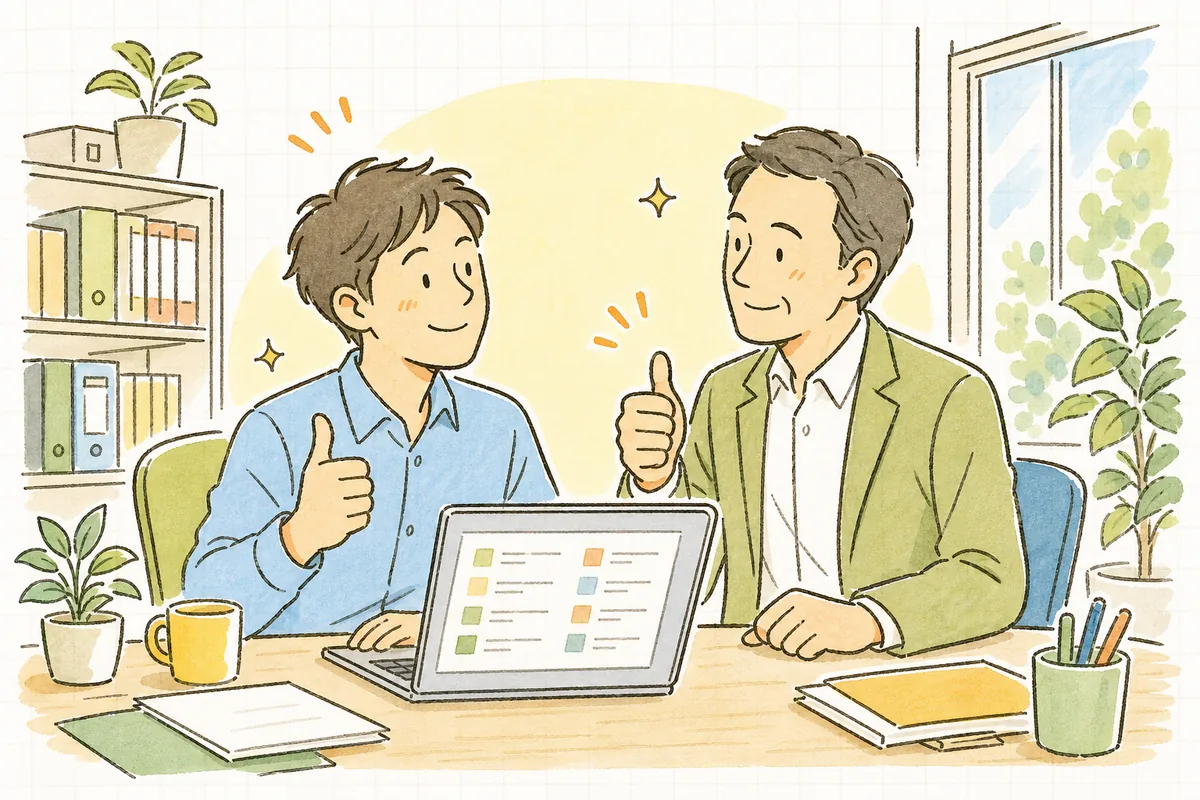 小さなPoCの結果一覧を前に、上司とうなずき合い「次はこの範囲で進めましょう」と前向きに合意できた開発者