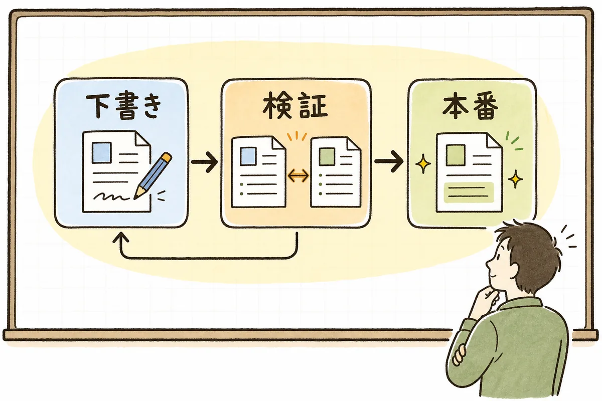コードから切り出したプロンプトを、下書き・検証・本番の3段階で管理し、本番に出す前に見比べる流れを示した図