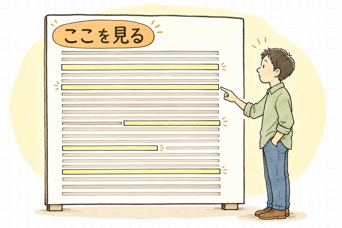 たくさんの差分の行の中から、条件分岐や既定値やエラー処理など振る舞いが変わる行だけを選び出して確認している様子の概念図