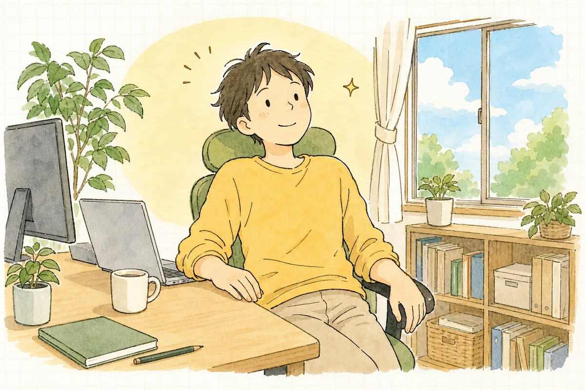 差分の確認を終えて振る舞いが保たれていることを確かめ、安心してリファクタをマージし一息つく開発者