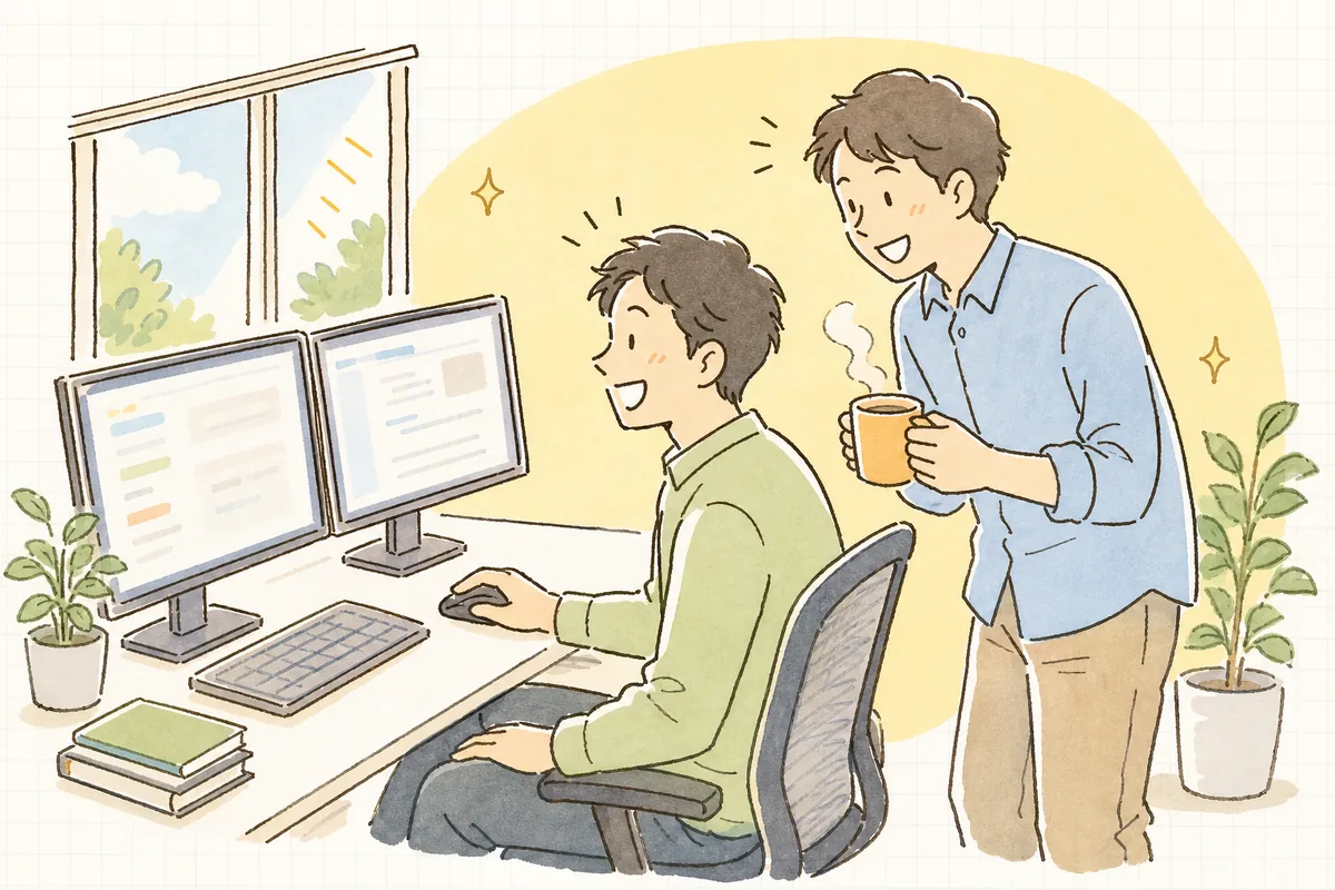 明るい朝のオフィスで、原因が見つかってほっとした表情を浮かべ、隣の同僚と画面を見ながら笑顔で話している開発者
