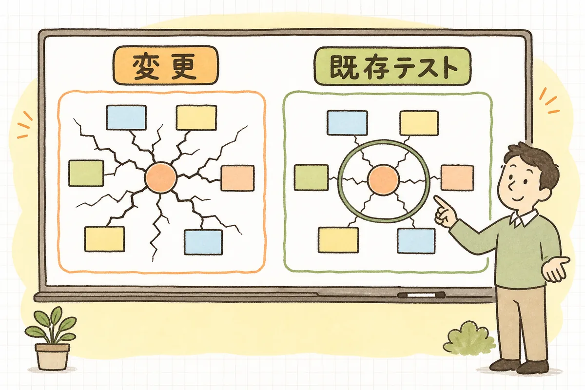 一つの修正が周囲の機能に波及して壊す様子と、テストで囲って波及を止める様子を対比した図