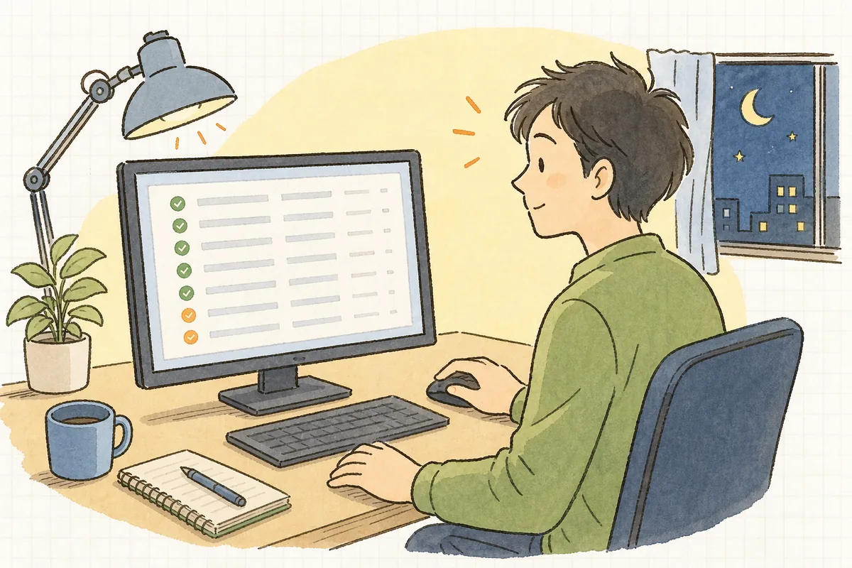 AIに修正を任せた後、既存の挙動が壊れていないかテスト結果を落ち着いて確認している開発者