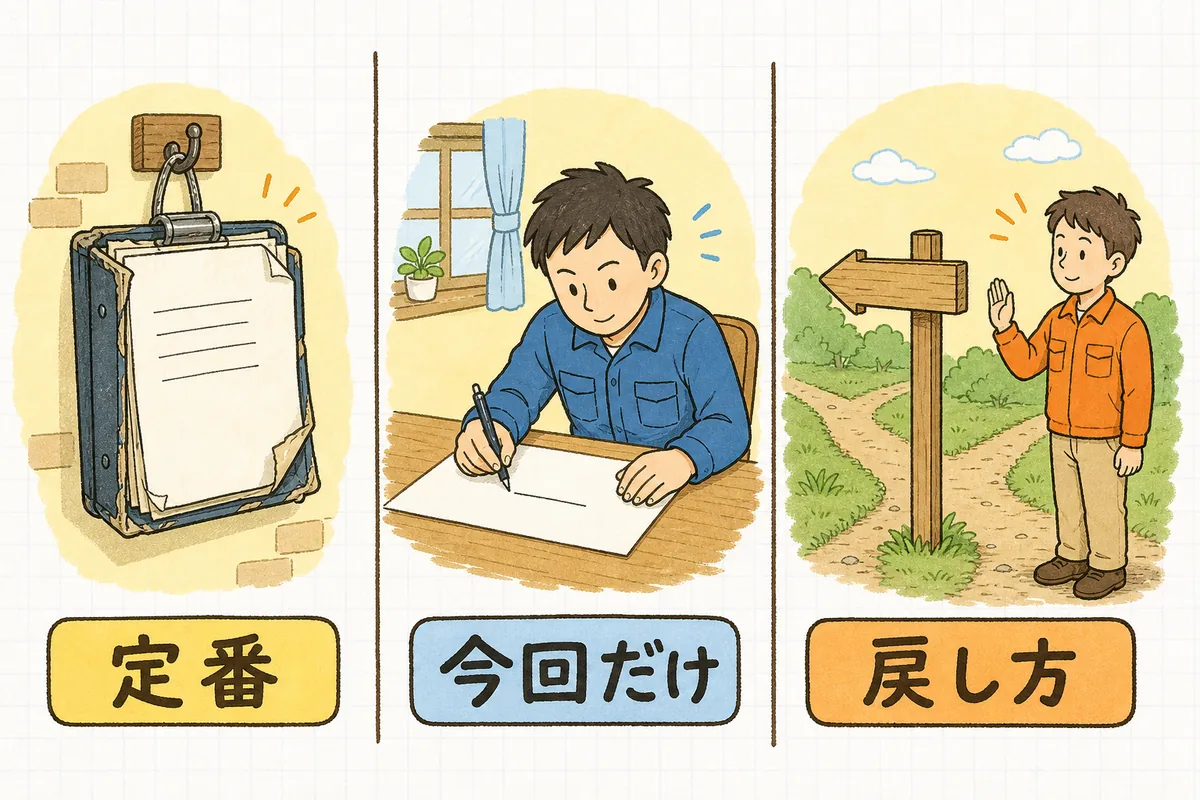 使い込まれたバインダー、新しい紙に今回ぶんを書き足す様子、来た道を指す道しるべを並べた図