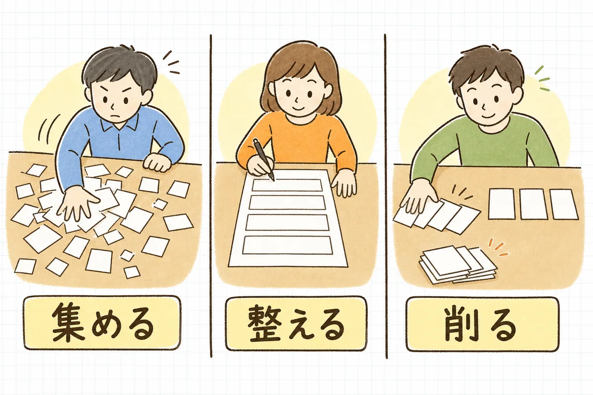 散らばった紙片を集める場面、枠のある紙に書き写す場面、並んだカードを減らす場面を並べた図