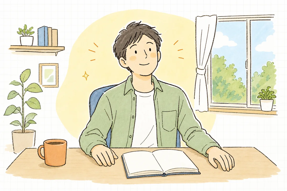 再現手順が整理でき、落ち着いた表情で顔を上げている開発者