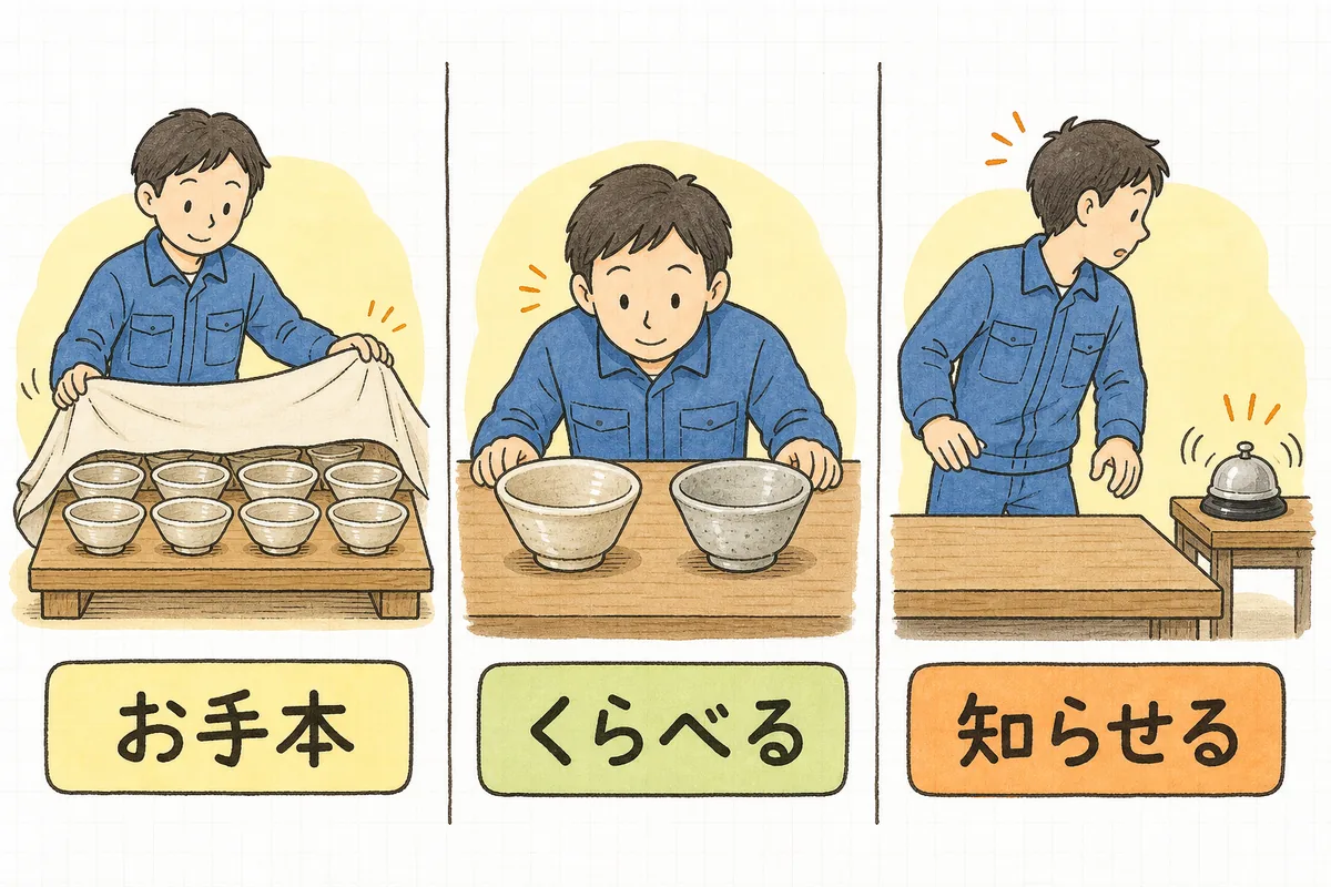 見本品を布をかけてしまう場面、今日の品を見本と並べて見比べる場面、卓上のベルが鳴って担当者が振り向く場面を並べた図