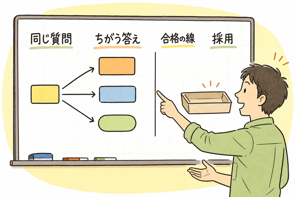 同じ質問から複数の少しずつ違う回答が生まれ、そのうち条件を満たすものだけを合格として扱う考え方を示した図