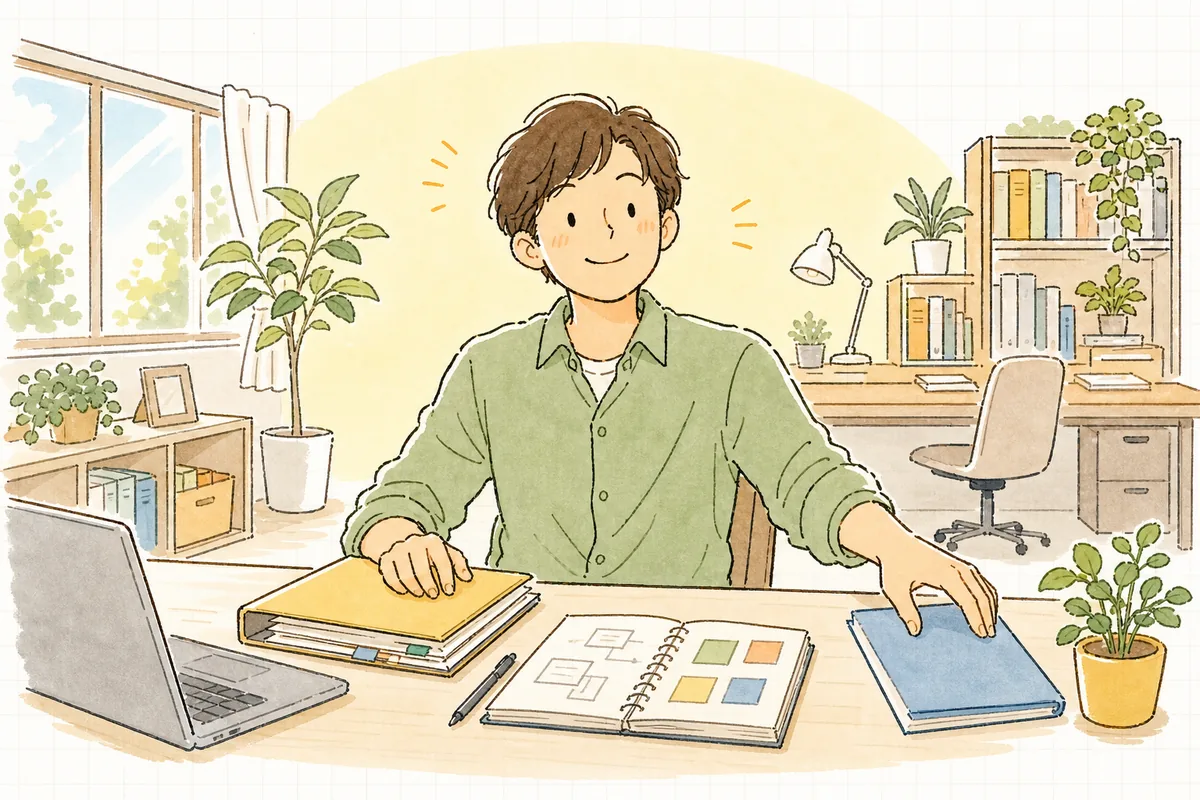 AIの回答の揺れを前提にした確認の仕組みを整えて、落ち着いた表情で次の作業に向かおうとしている開発担当者